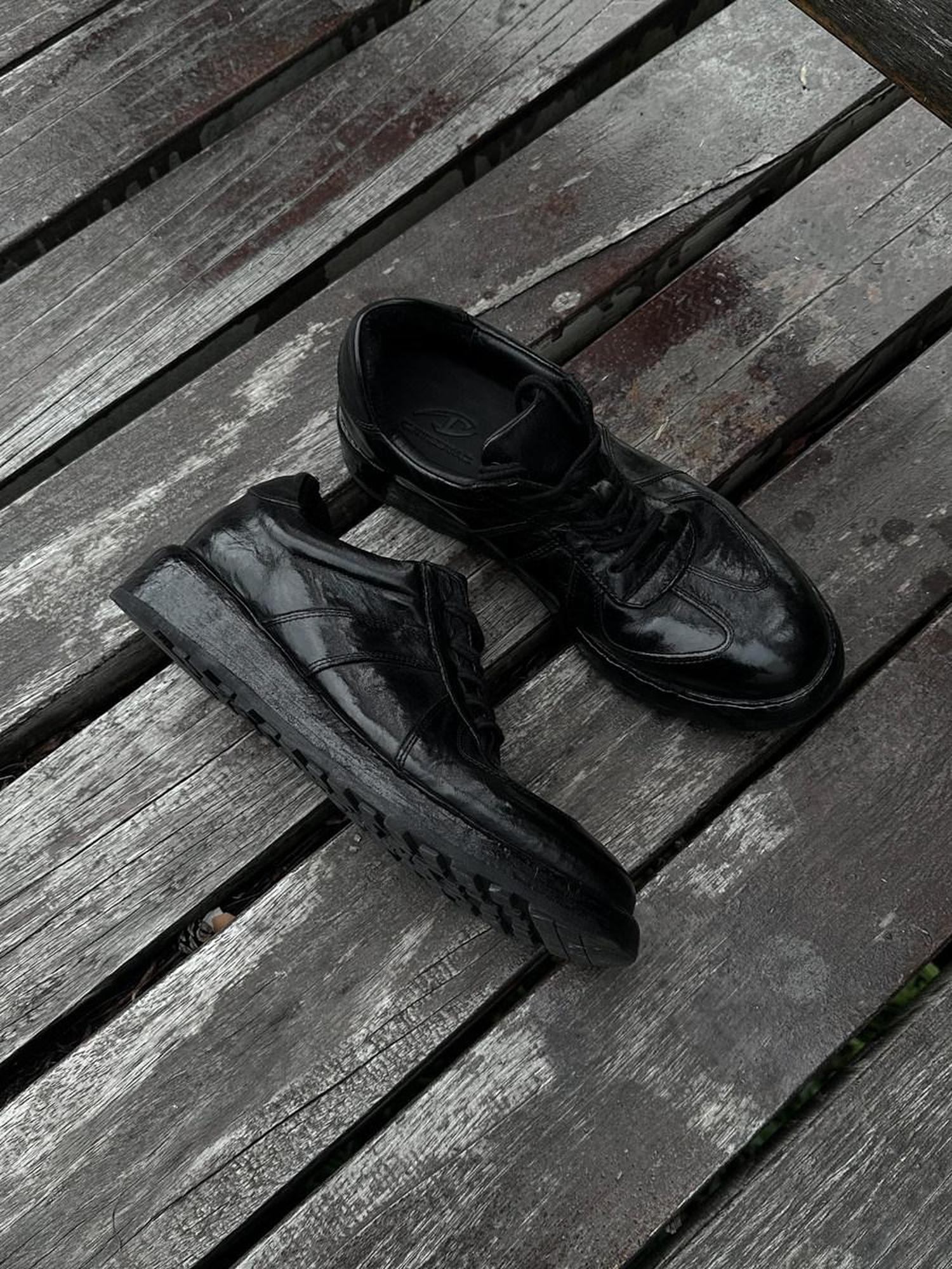 CATSSTAC Durable Horse Leather Casual Low Profile Lace Up Black German Trainer Sneakers