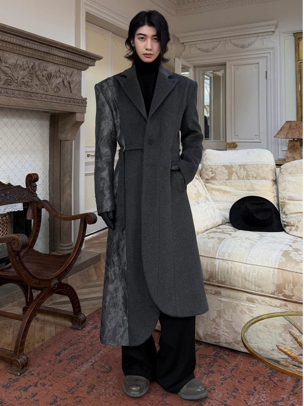 BALITONE Wrinkle Free Slim Fit Irregular Hem Blazer Collar Trendy Deep Gray Wool Coats