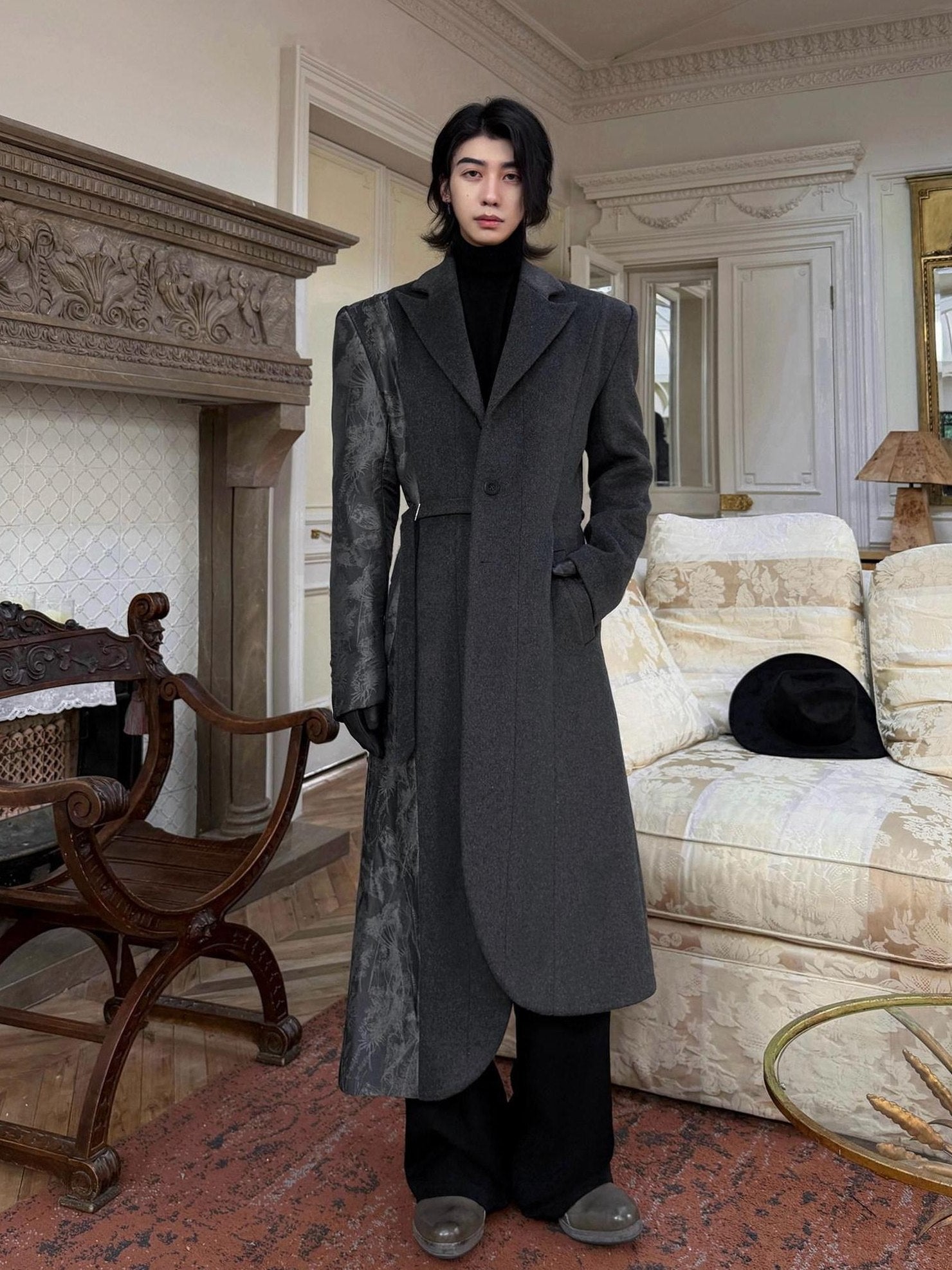 BALITONE Wrinkle Free Slim Fit Irregular Hem Blazer Collar Trendy Deep Gray Wool Coats