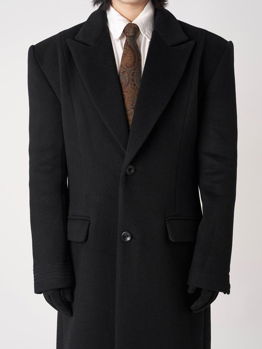 BALITONE Warm Wool Blend Embroidered Button Slim Long Unisex Urban Black Lapel Overcoats