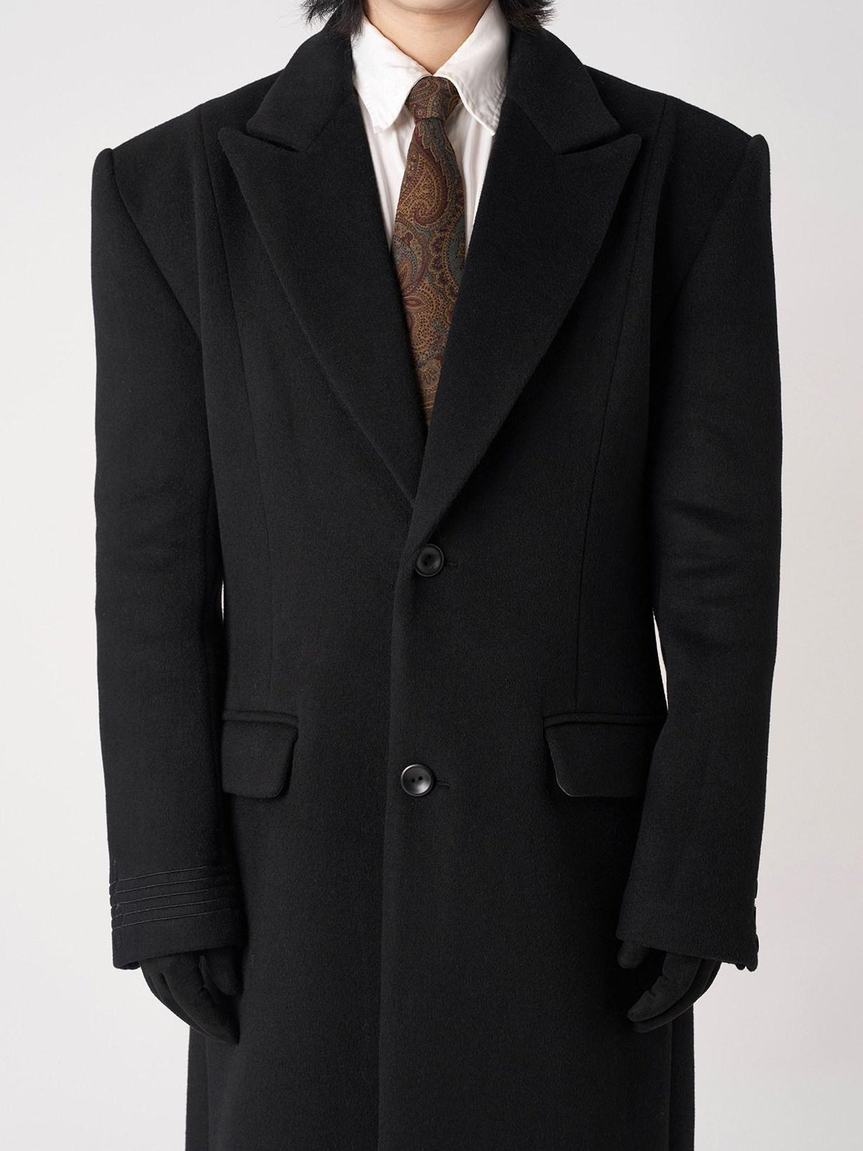 BALITONE Warm Wool Blend Embroidered Button Slim Long Unisex Urban Black Lapel Overcoats