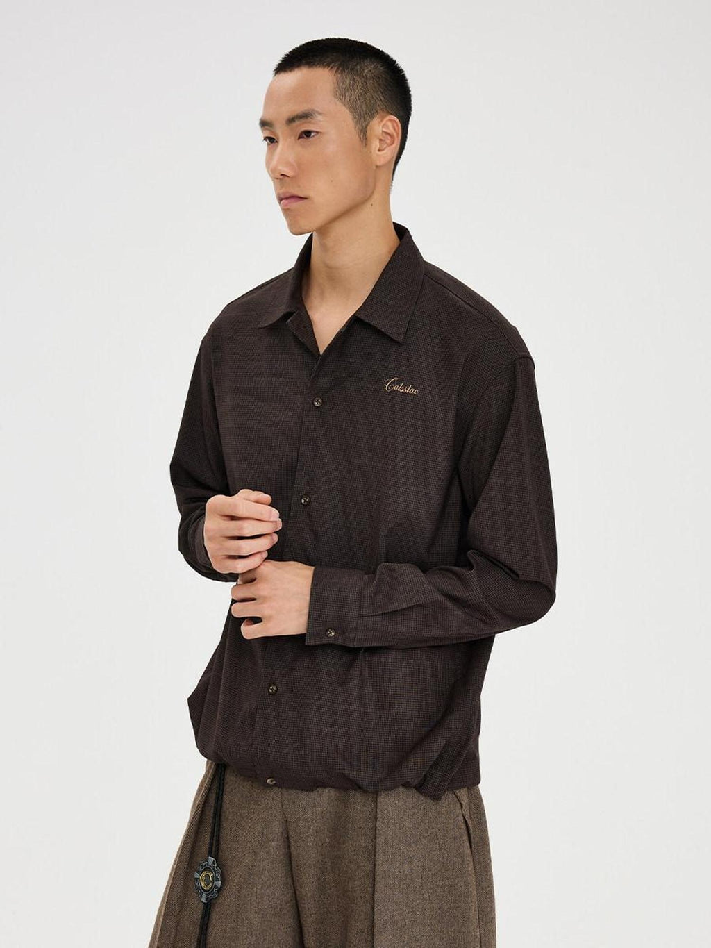 CATSSTAC Polyester Blend Loose Polo Collar Long Sleeve Button Cardigan Unisex Brown Shirts