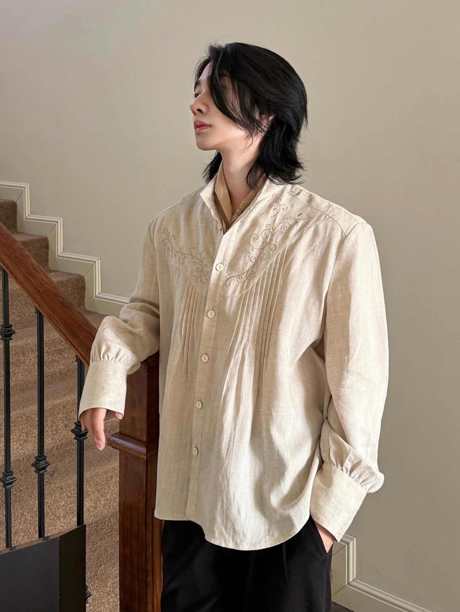 BALITONE Lyocell Linen Embroidered Pleated Regal Stand Collar Unisex Band-Collar Shirts