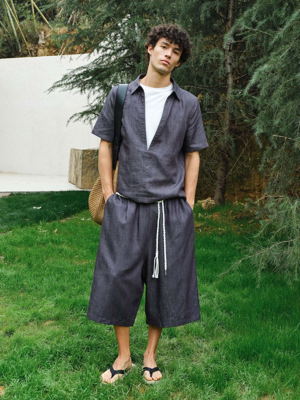 VLABMADE Breathable Lyocell Blend Loose Drawstring Elastic Waist Unisex Blue Linen Shorts