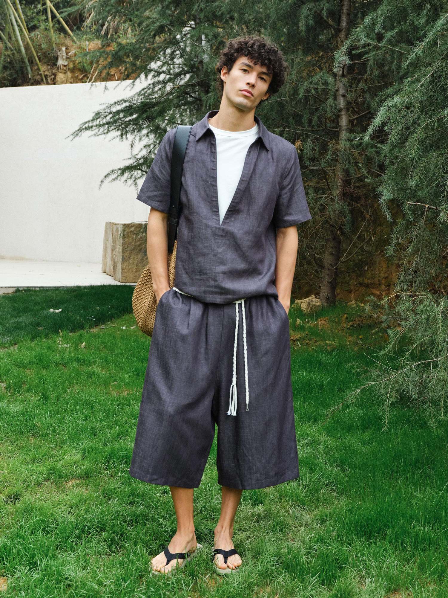 VLABMADE Breathable Lyocell Blend Loose Drawstring Elastic Waist Unisex Blue Linen Shorts