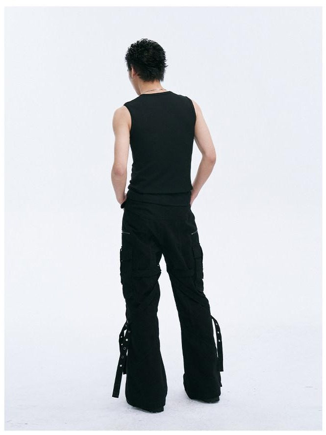 CATSSTAC Tie Detail Button Fly Loose Youth Casual Black Straight Pants