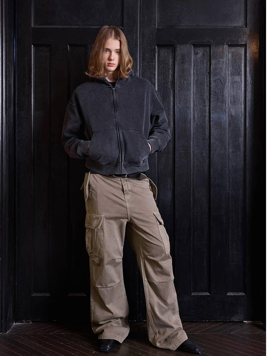 VLABMADE 100% Cotton Loose Straight Zipper Distressed Khaki Casual Classic Cargo Pants