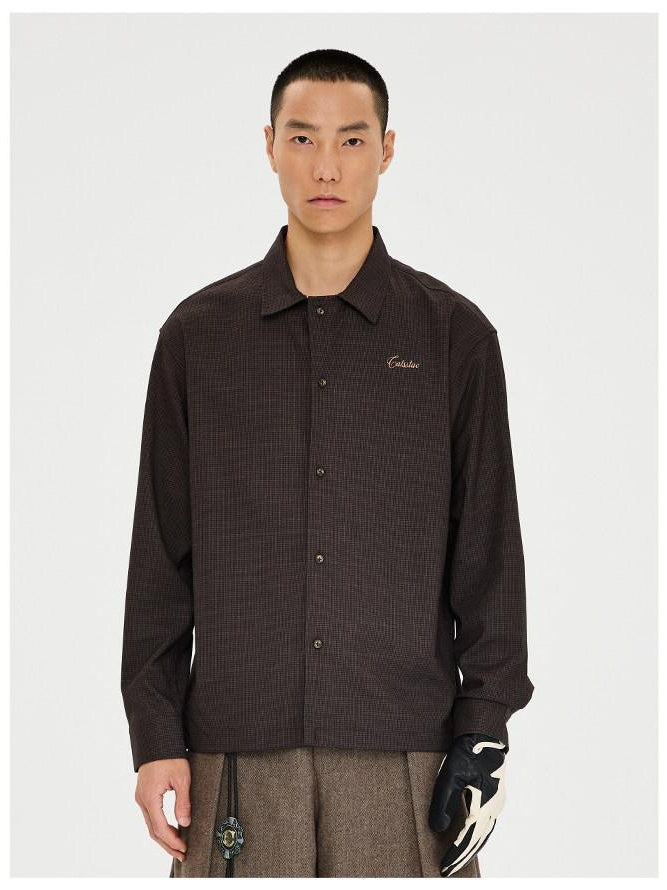 CATSSTAC Polyester Blend Loose Polo Collar Long Sleeve Button Cardigan Unisex Brown Shirts