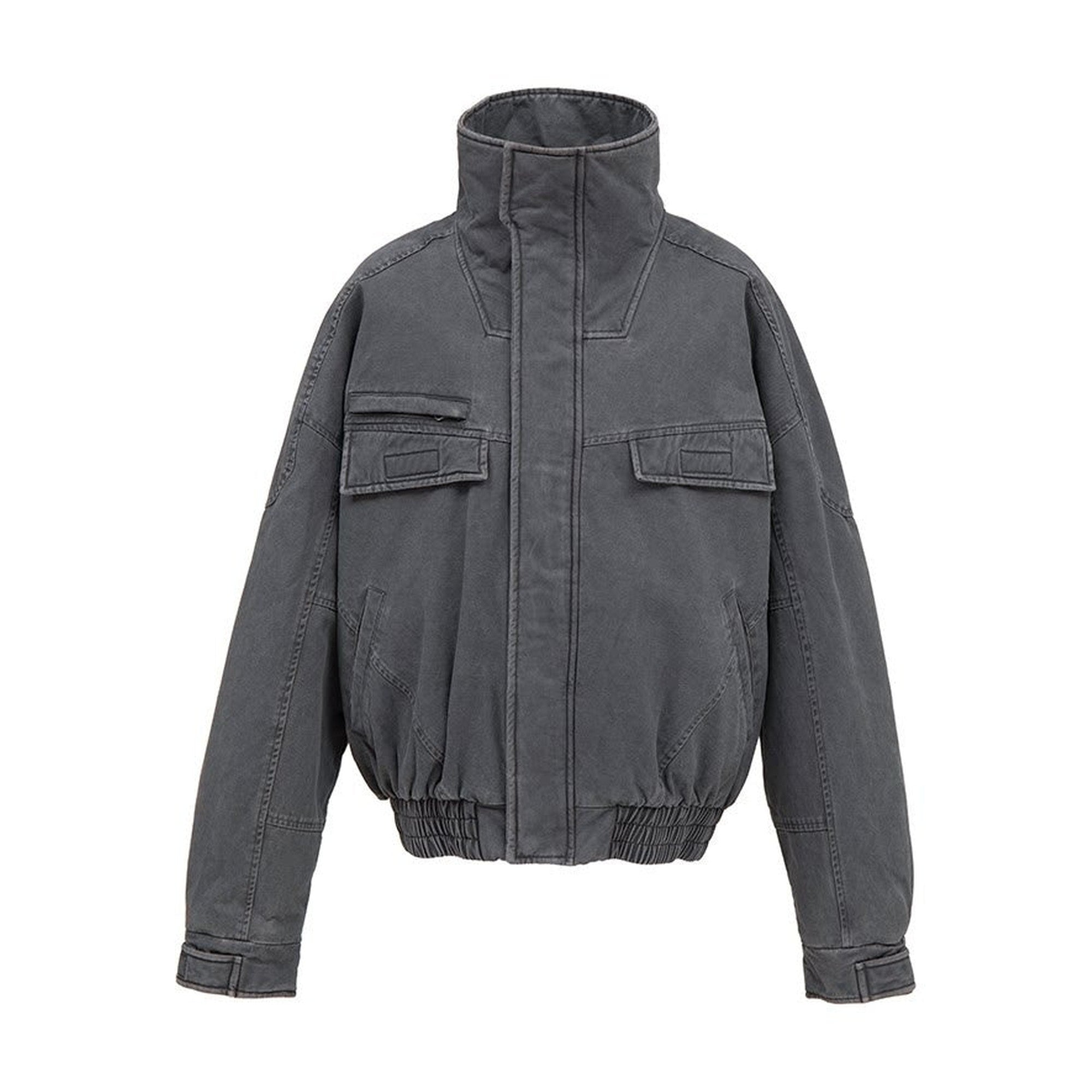 Cotton Distressed Loose Fit Short Stand Collar Pockets Rib Hem Men Work Jackets main image