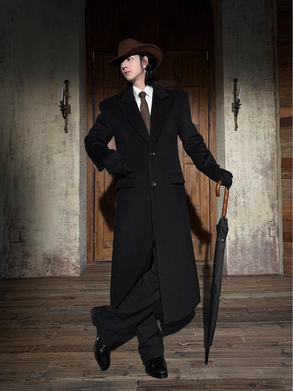 BALITONE Warm Wool Blend Embroidered Button Slim Long Unisex Urban Black Lapel Overcoats