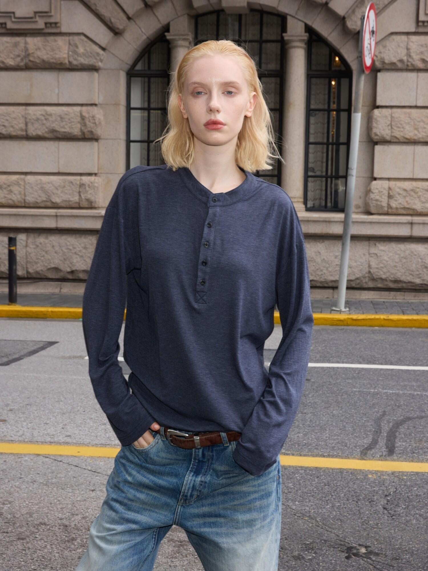 VLABMADE Wrinkle Free Lyocell Wool Relaxed Henley Unisex Citywalk Long Sleeve T-Shirts