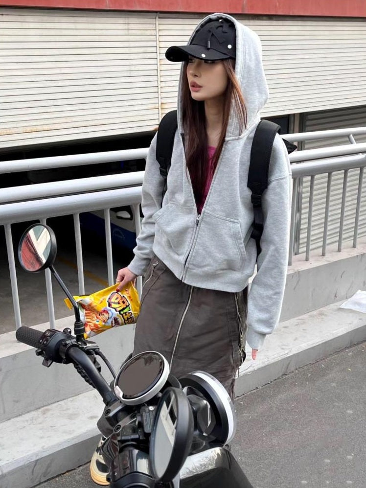 VLABMADE Thick Brushed Cotton Loose Cropped Hooded Patch Pockets Women Zip Hoodies