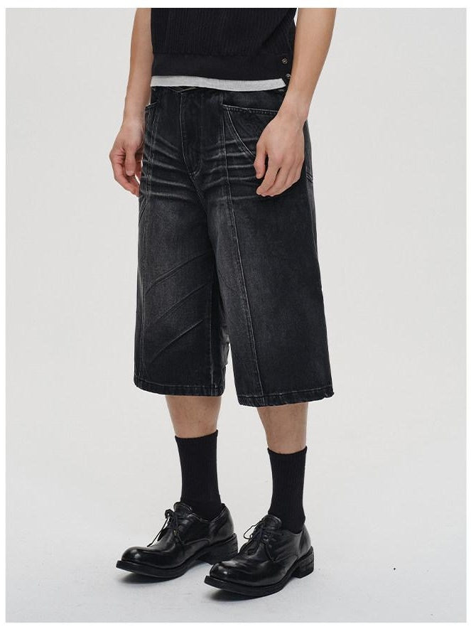 CATSSTAC Leg Slimming Mid Rise Straight Zip Fly Trendy Youth Black Blue Denim Shorts
