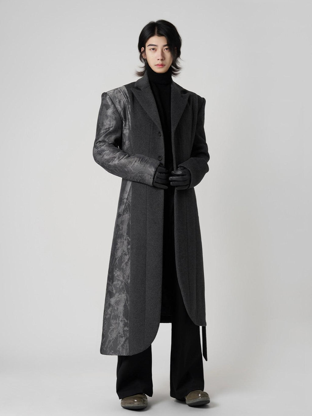 BALITONE Wrinkle Free Slim Fit Irregular Hem Blazer Collar Trendy Deep Gray Wool Coats