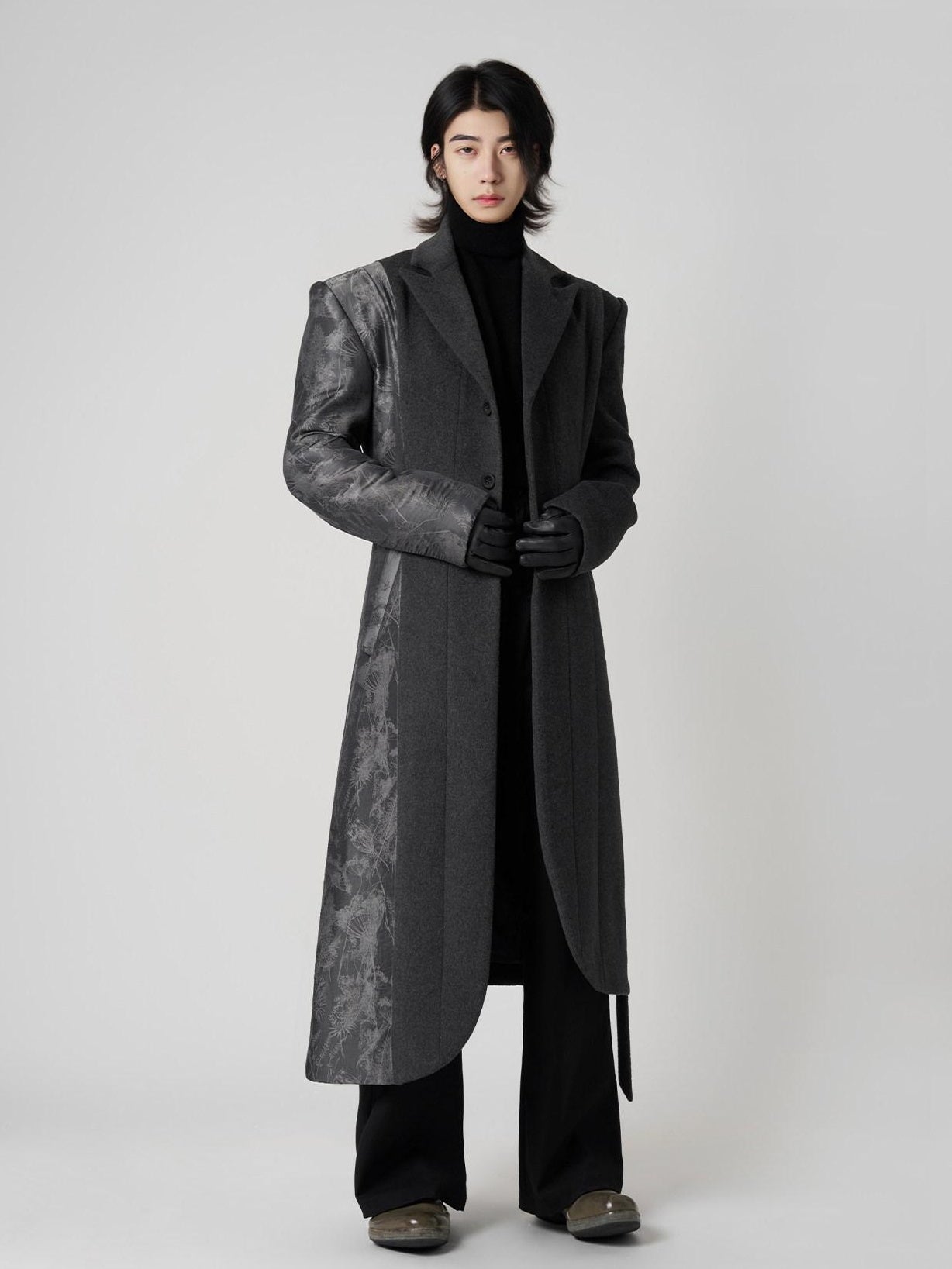 BALITONE Wrinkle Free Slim Fit Irregular Hem Blazer Collar Trendy Deep Gray Wool Coats