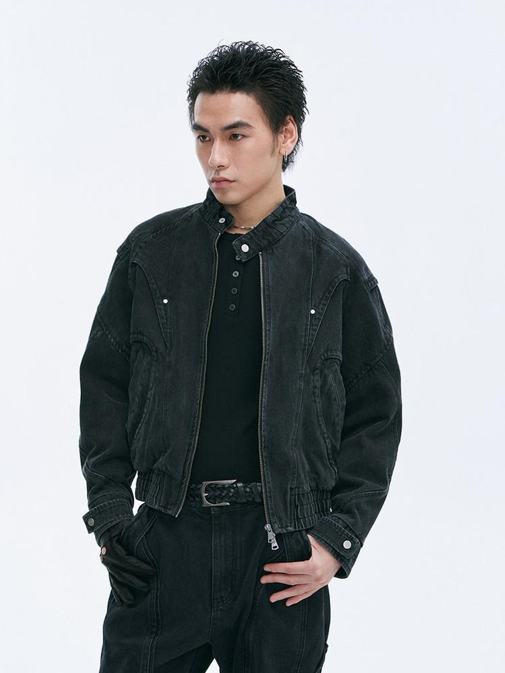 CATSSTAC Comfortable Relaxed Fit Youthful Stand Collar Long Sleeve Black Denim Jackets