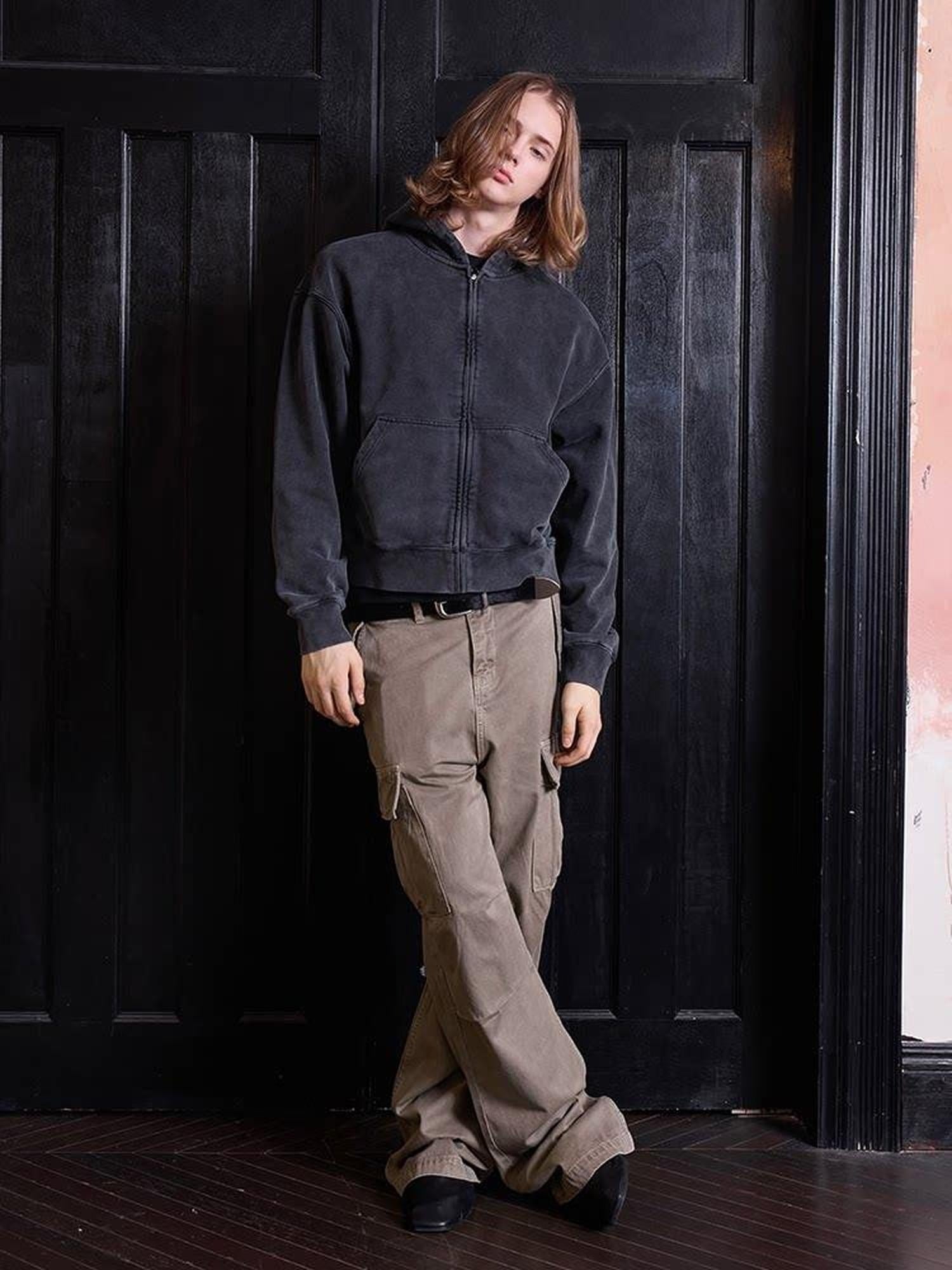 VLABMADE 100% Cotton Loose Straight Zipper Distressed Khaki Casual Classic Cargo Pants