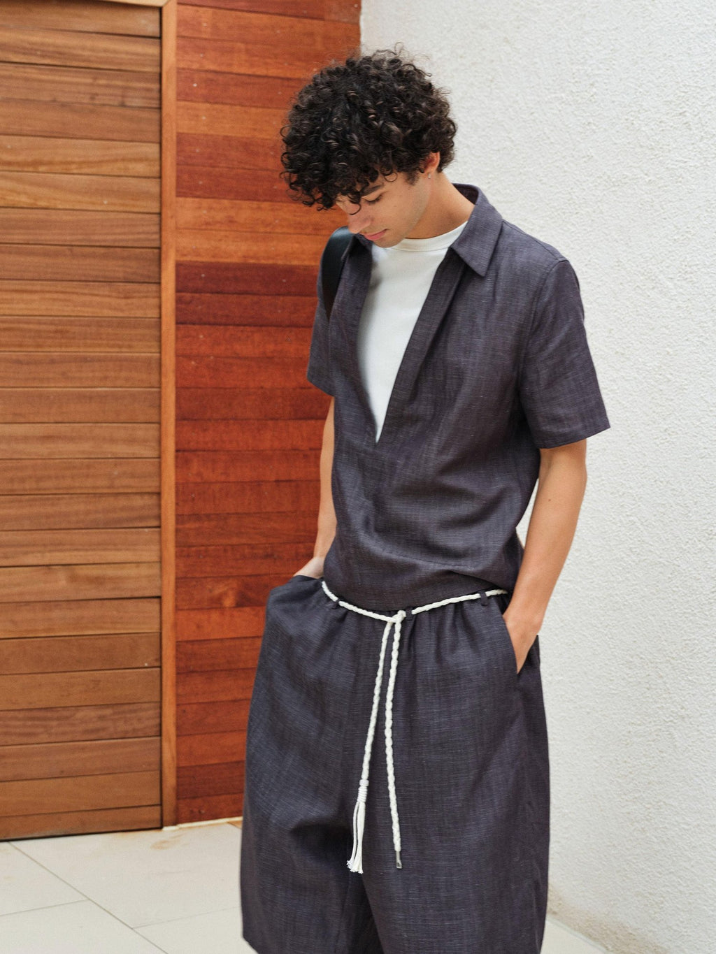 VLABMADE Breathable Lyocell Blend Loose Drawstring Elastic Waist Unisex Blue Linen Shorts