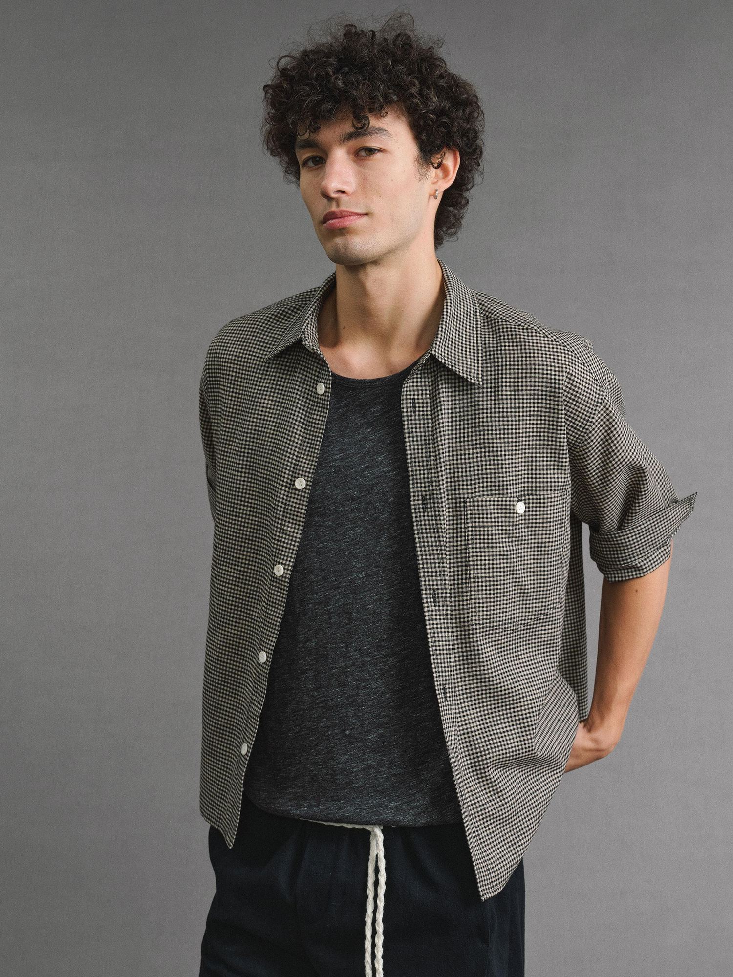 VLABMADE Breathable Hand Pleated Lyocell Blend Houndstooth Unisex Short Sleeve Shirts