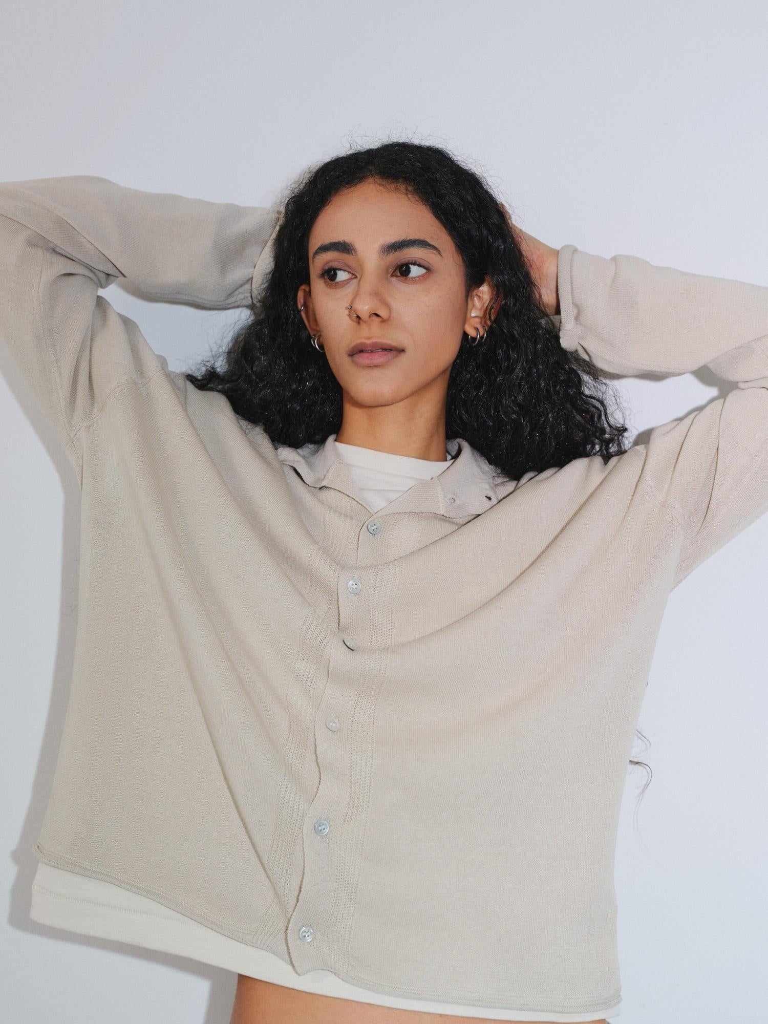 VLABMADE Soft Linen Blend Loose Fit Rolled Hem Unisex Cropped Knit Button Cardigans