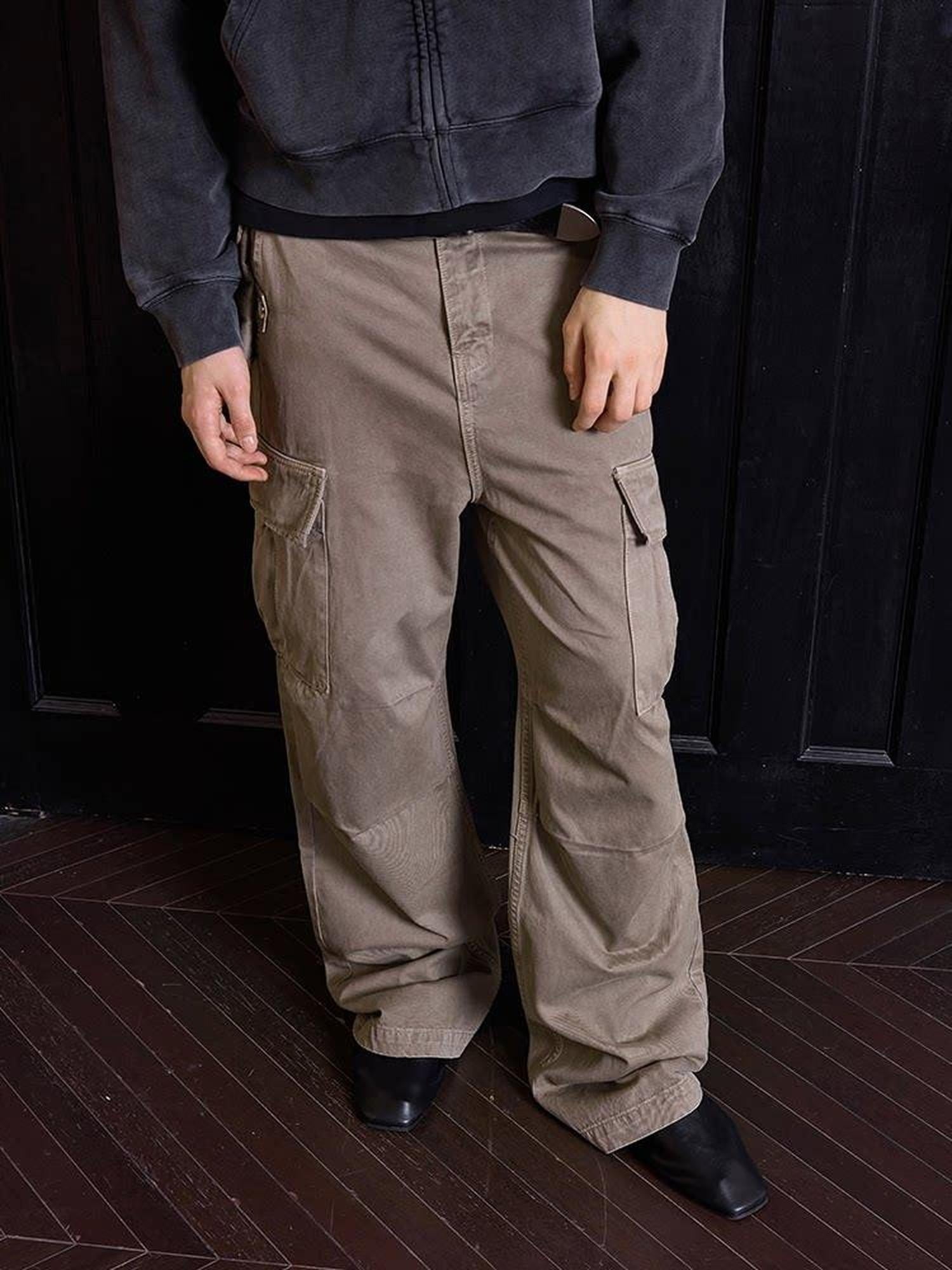 VLABMADE 100% Cotton Loose Straight Zipper Distressed Khaki Casual Classic Cargo Pants