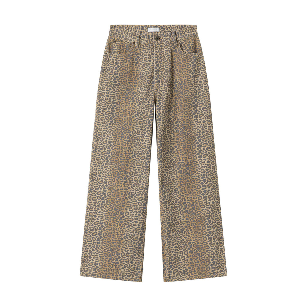 Distressed Mid Rise Leopard Print Unisex Durable Denim Wide-Leg Jeans main image