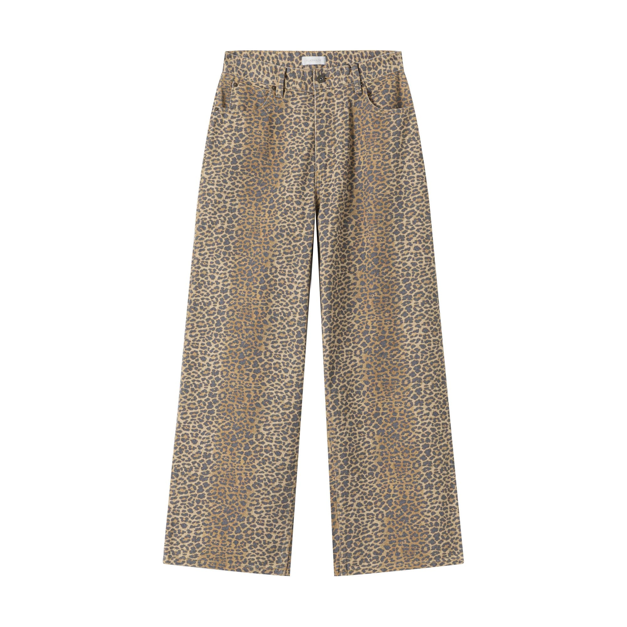 Distressed Mid Rise Leopard Print Unisex Durable Denim Wide-Leg Jeans main image