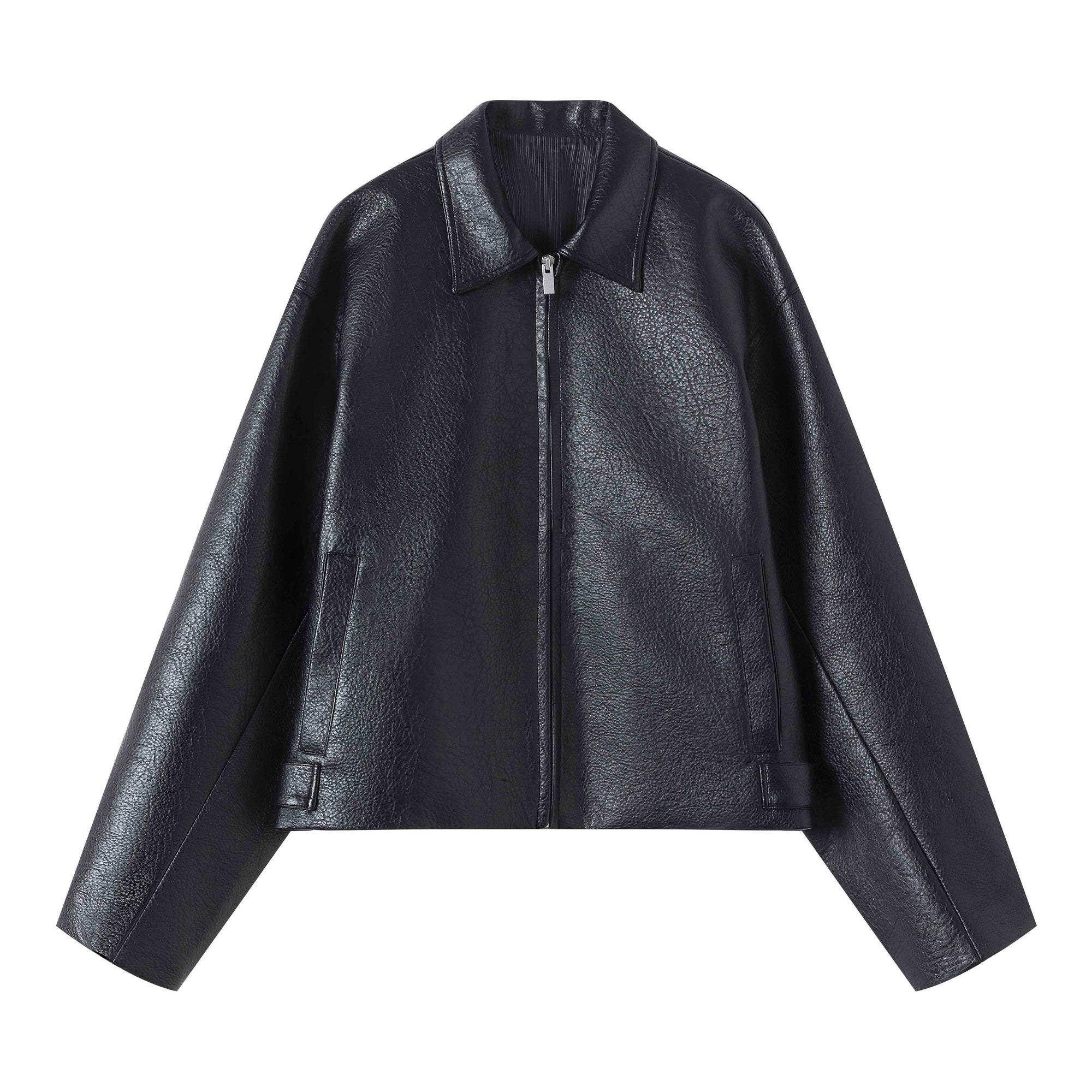 Durable Silky Pu Cropped Oversized Zipper Unisex Black Leather Jackets main image