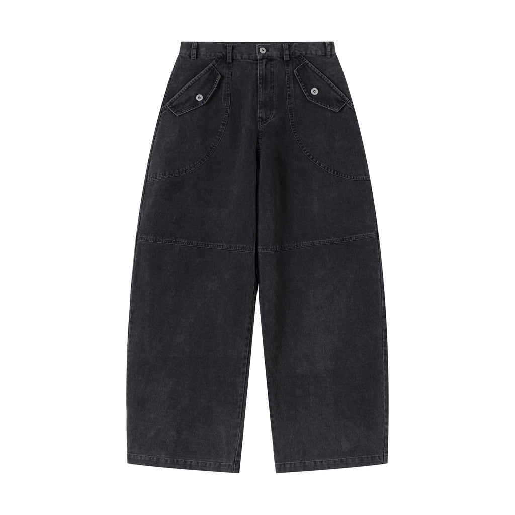 Durable Washed Distressed Utility Midrise Unisex Cotton Topstitch Wide-Leg Jeans main image