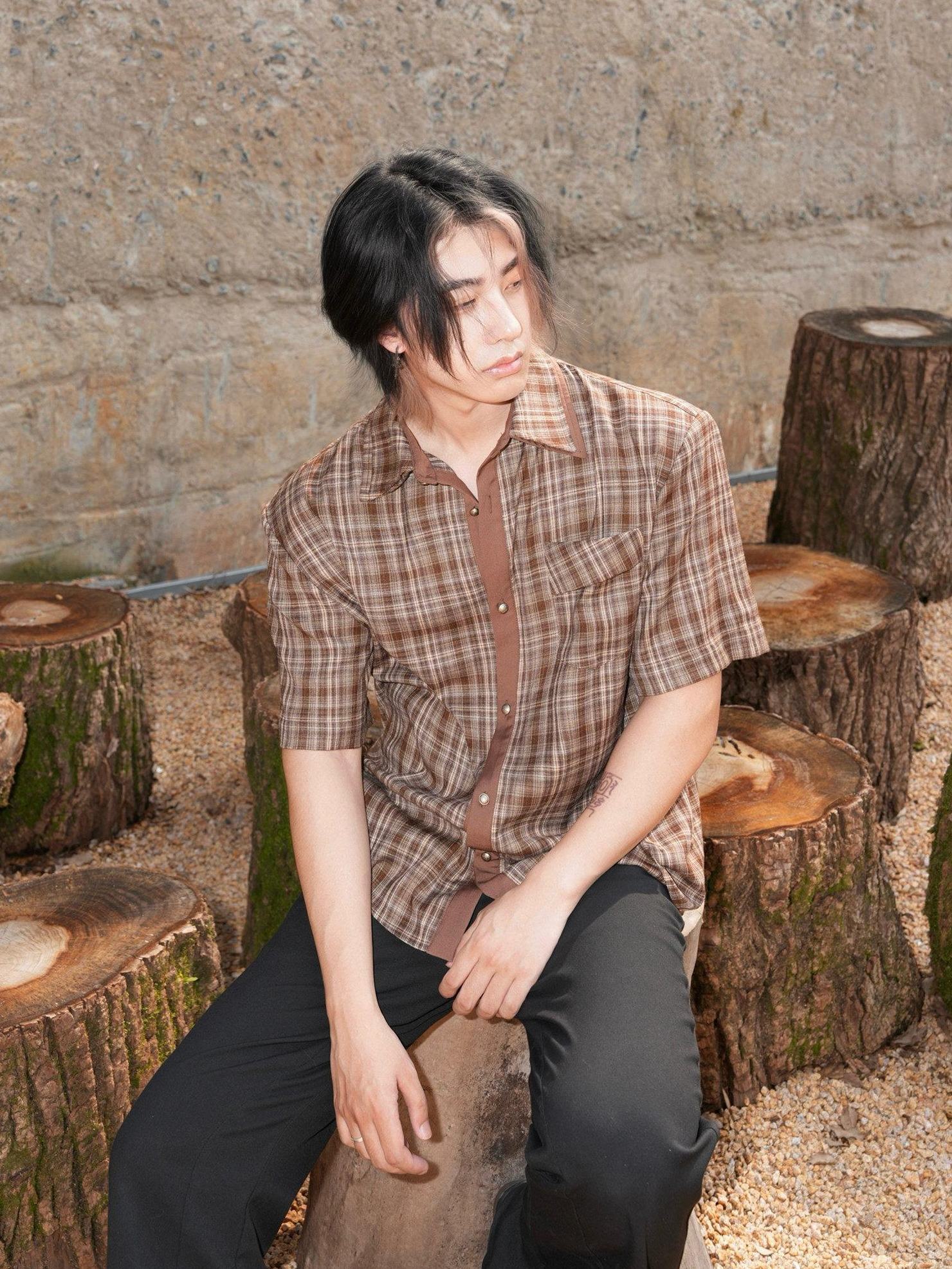 BALITONE Wrinkle Free Loose Fit Patchwork Plaid Collared Unisex Short Sleeve Shirts