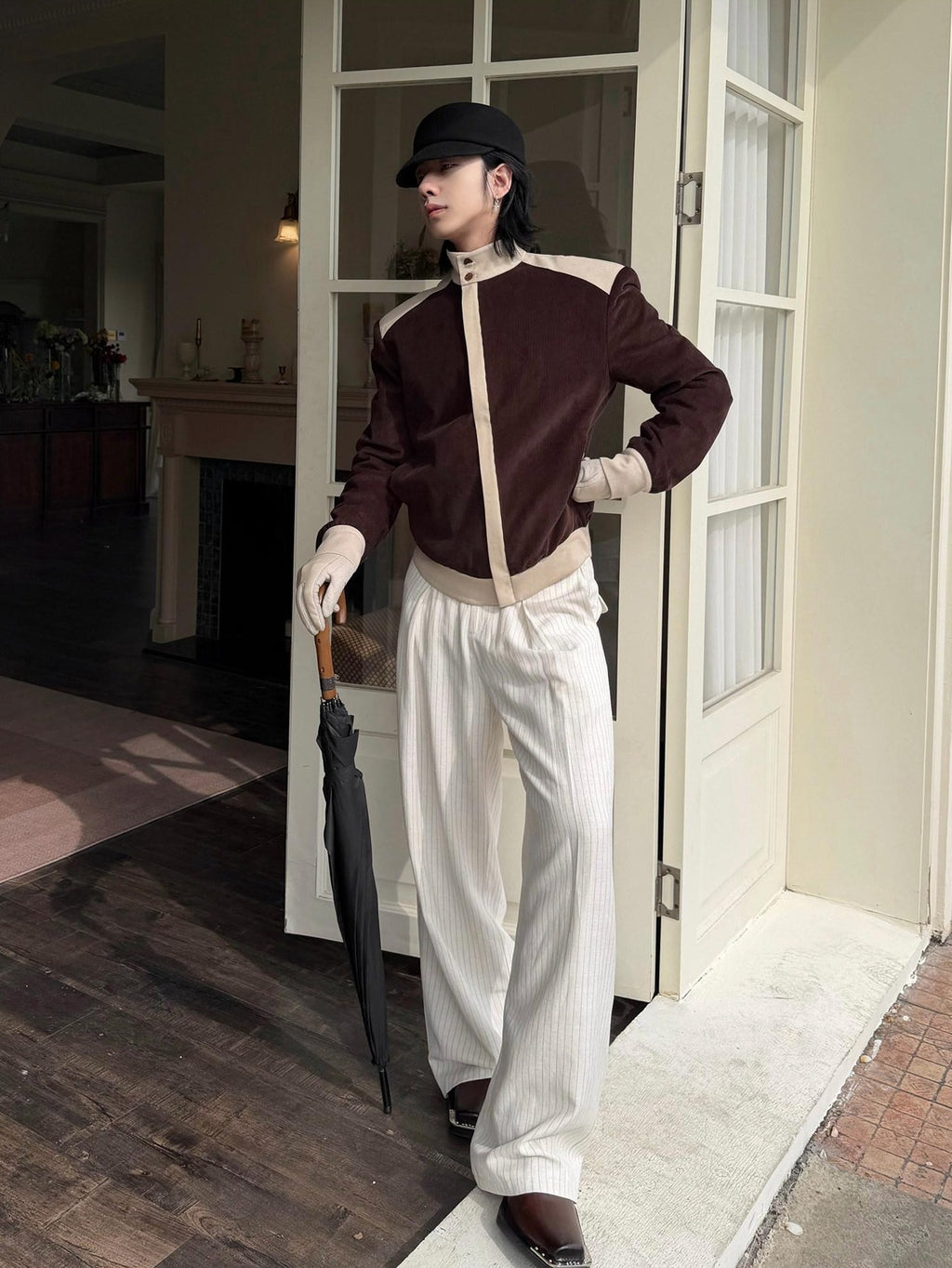 BALITONE White Striped Pleated Viscose Linen Micro Stretch Straight-Leg Casual Trousers
