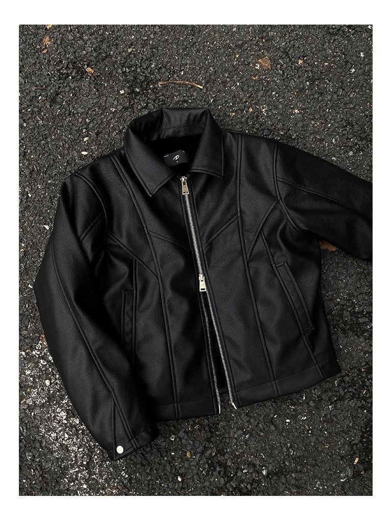 CATSSTAC Fleece Lined Warm Youthful Standard Fit Casual Black Zip Front Leather Jackets