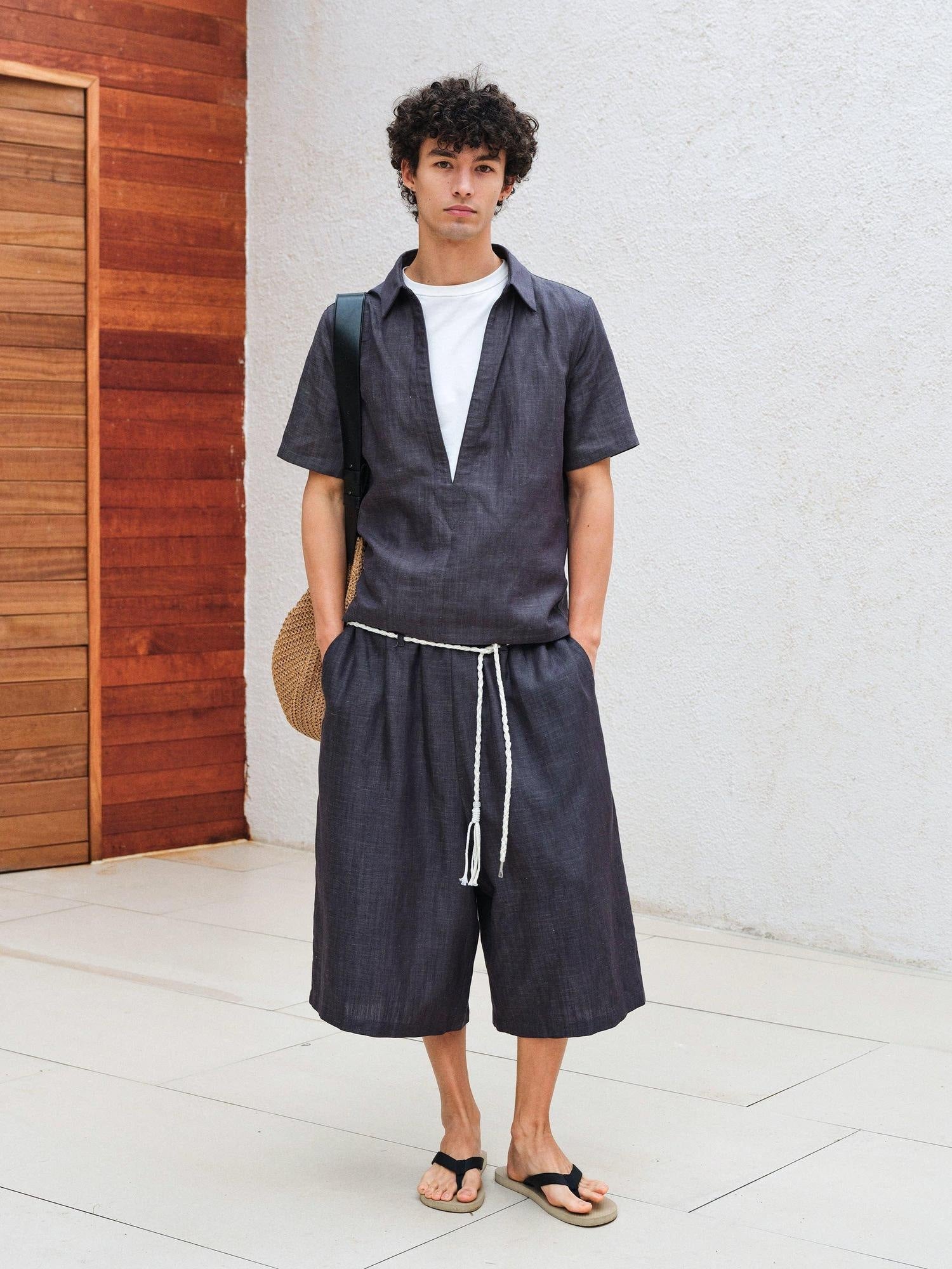 VLABMADE Breathable Lyocell Blend Loose Drawstring Elastic Waist Unisex Blue Linen Shorts