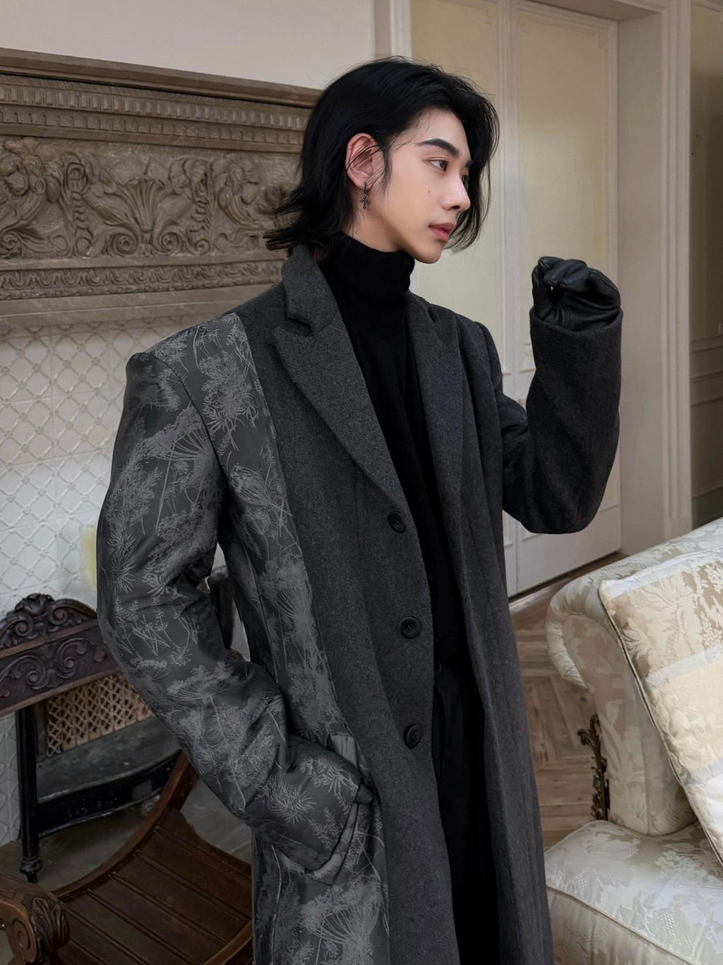 BALITONE Wrinkle Free Slim Fit Irregular Hem Blazer Collar Trendy Deep Gray Wool Coats
