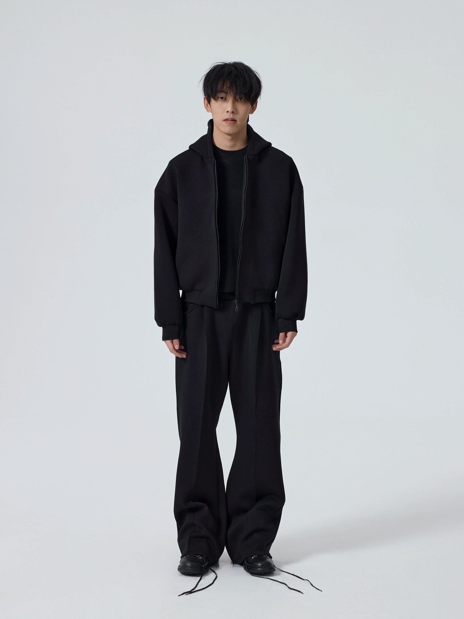 4JUNKS Shape Retention Loose Hooded Zip Top Unisex Nylon Black Gray Top & Pants Sets