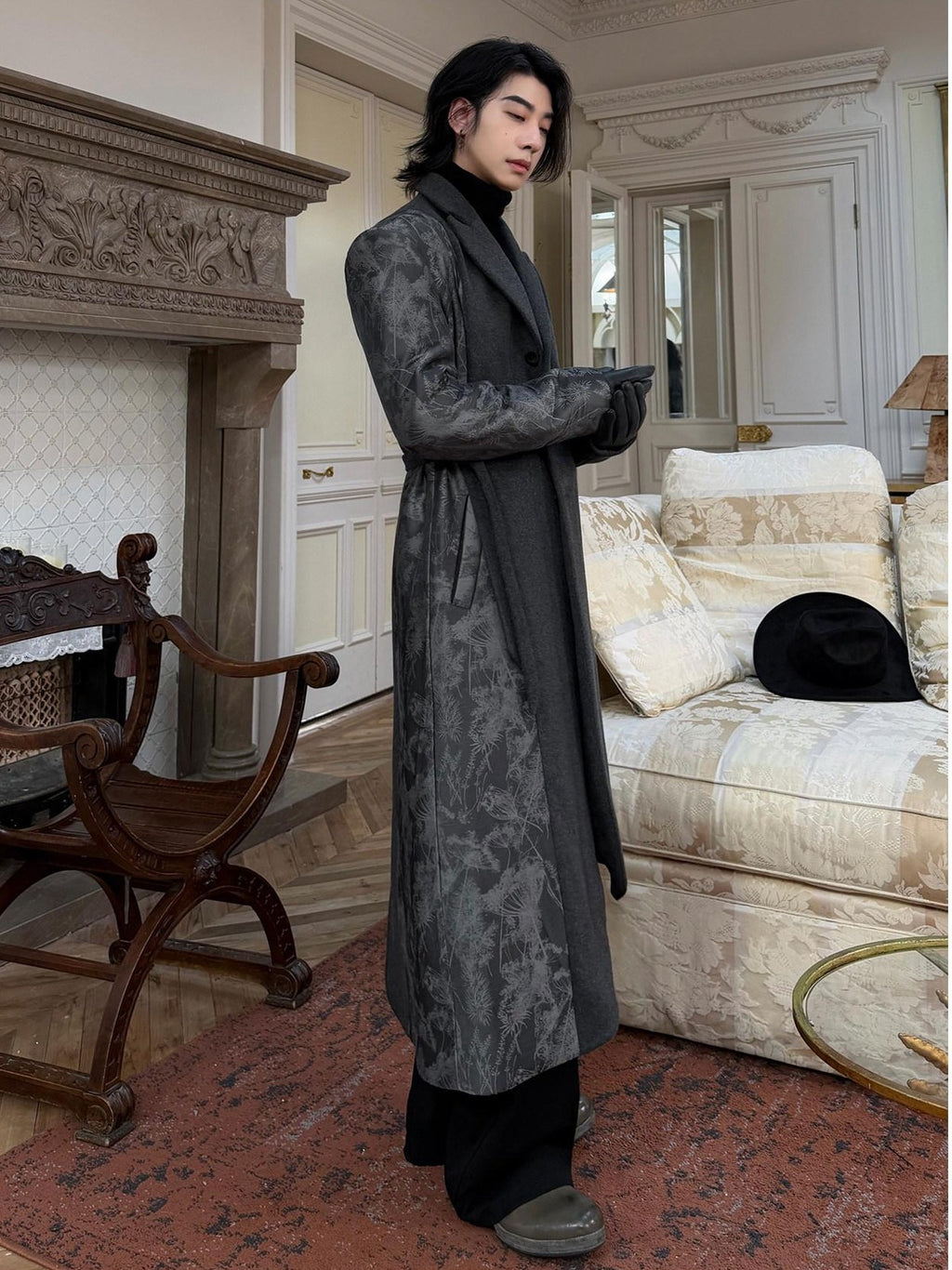 BALITONE Wrinkle Free Slim Fit Irregular Hem Blazer Collar Trendy Deep Gray Wool Coats