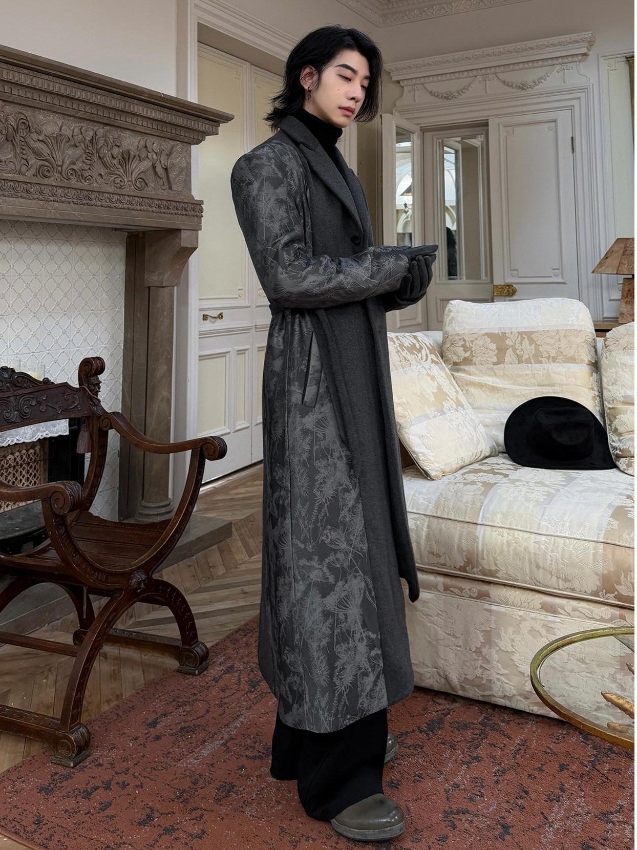 BALITONE Wrinkle Free Slim Fit Irregular Hem Blazer Collar Trendy Deep Gray Wool Coats
