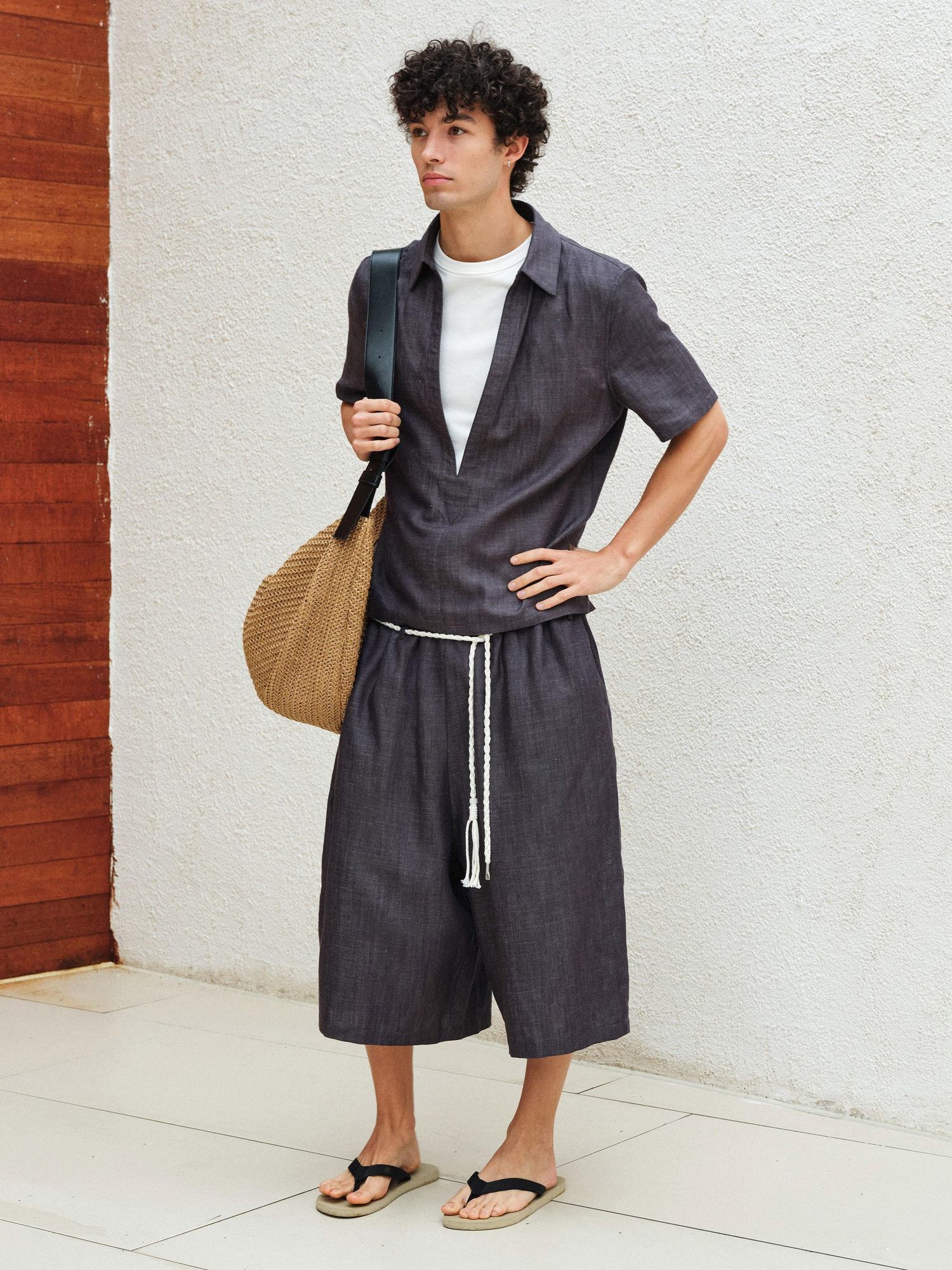 VLABMADE Breathable Lyocell Blend Loose Drawstring Elastic Waist Unisex Blue Linen Shorts