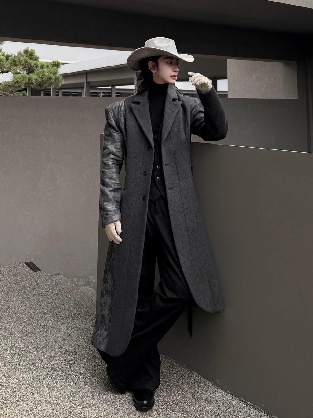 BALITONE Wrinkle Free Slim Fit Irregular Hem Blazer Collar Trendy Deep Gray Wool Coats