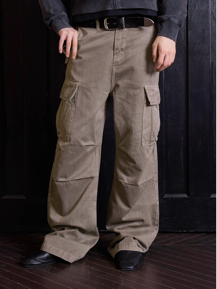 VLABMADE 100% Cotton Loose Straight Zipper Distressed Khaki Casual Classic Cargo Pants