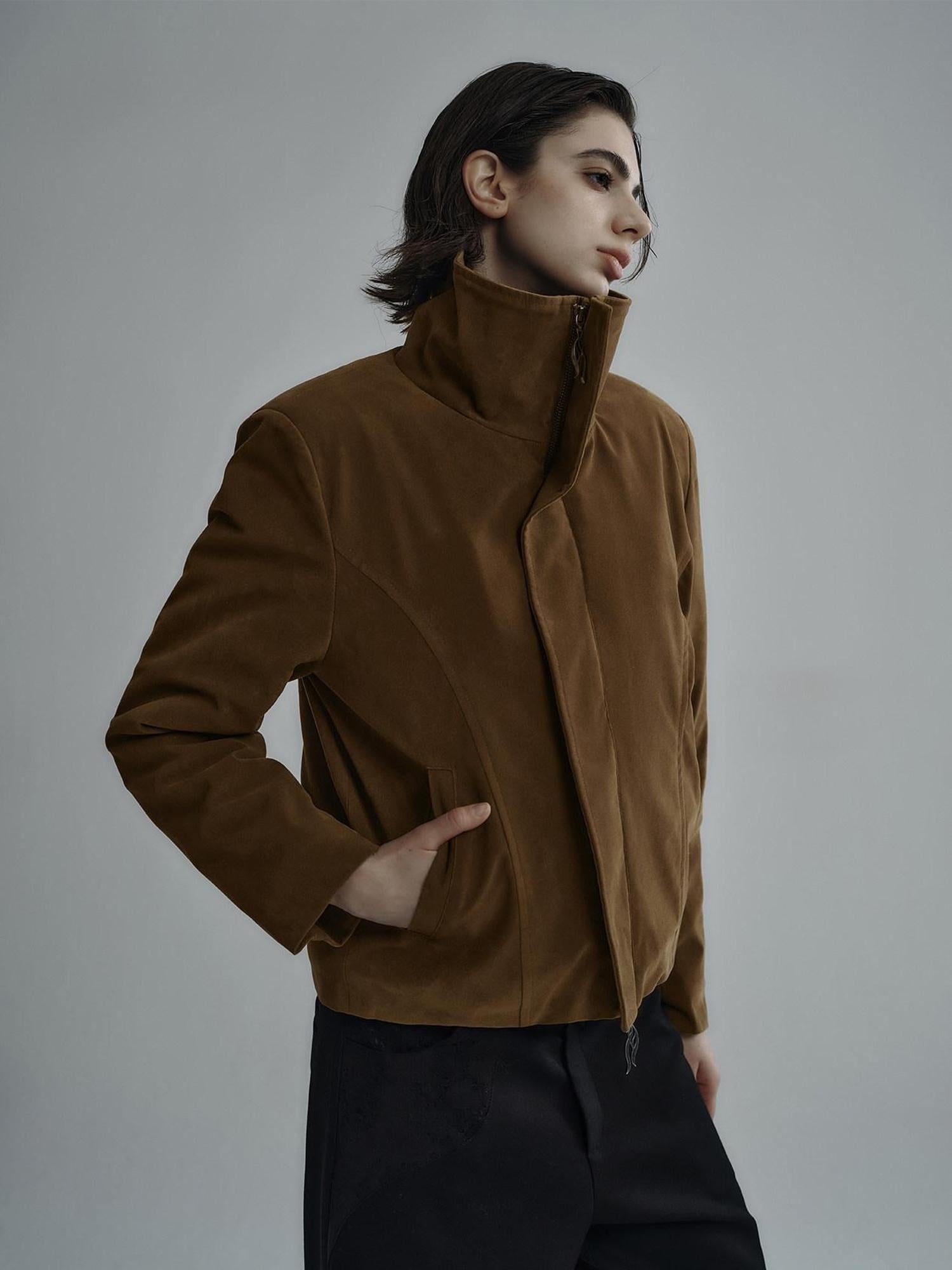 Hypeyourself Embroidered Suede High Collar Thick Unisex Minimal Black Leather Jackets