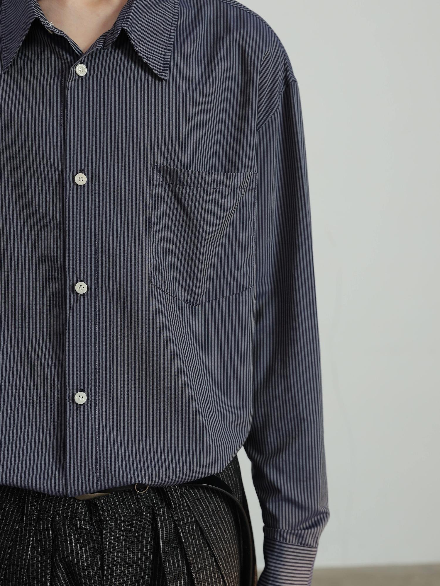 4JUNKS Relaxed Distressed Striped Open Front Cleanfit Pointed Collar Unisex Blue Shirts