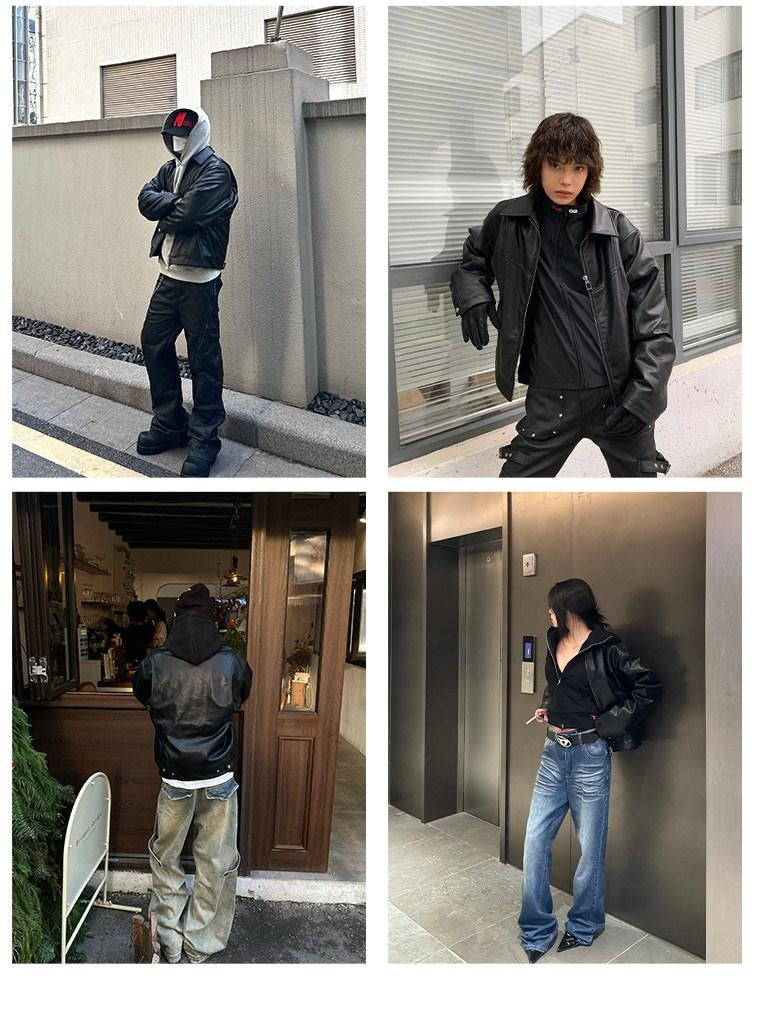 CATSSTAC Fleece Lined Warm Youthful Standard Fit Casual Black Zip Front Leather Jackets