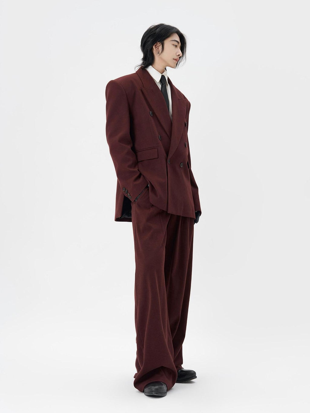 BALITONE Burgundy Black Buttoned Peak Lapel Business Casual Rear Vent Oversized Suits