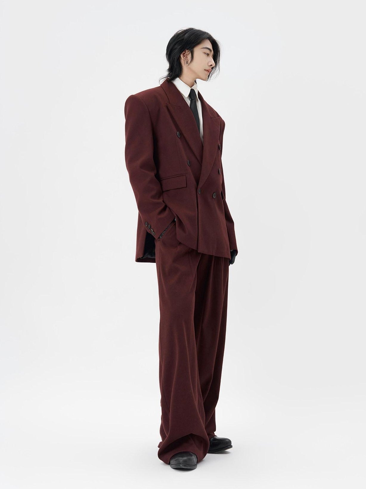 BALITONE Burgundy Black Buttoned Peak Lapel Business Casual Rear Vent Oversized Suits