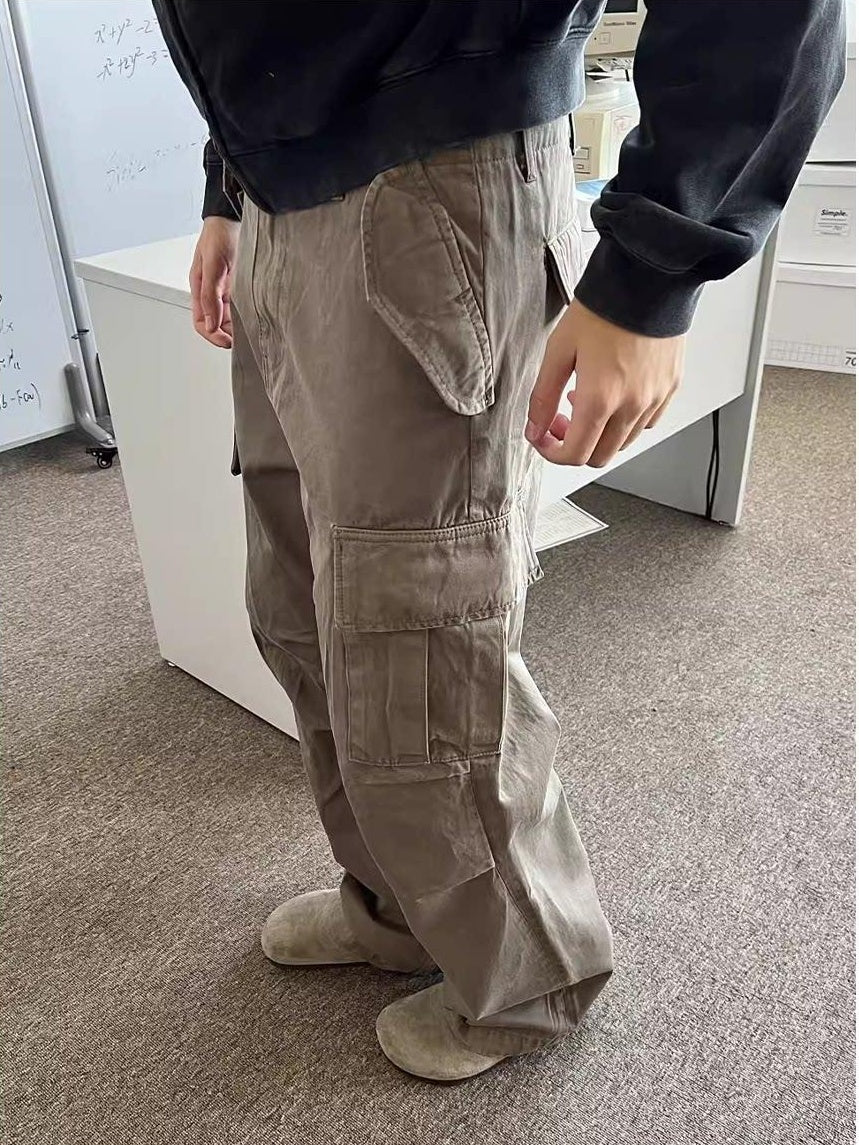 VLABMADE 100% Cotton Loose Straight Zipper Distressed Khaki Casual Classic Cargo Pants