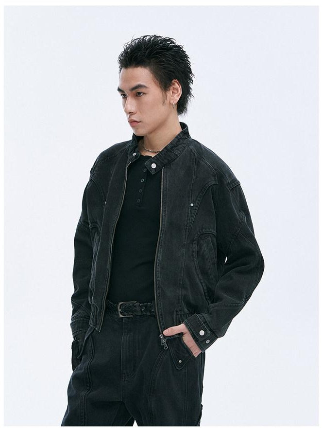 CATSSTAC Comfortable Relaxed Fit Youthful Stand Collar Long Sleeve Black Denim Jackets
