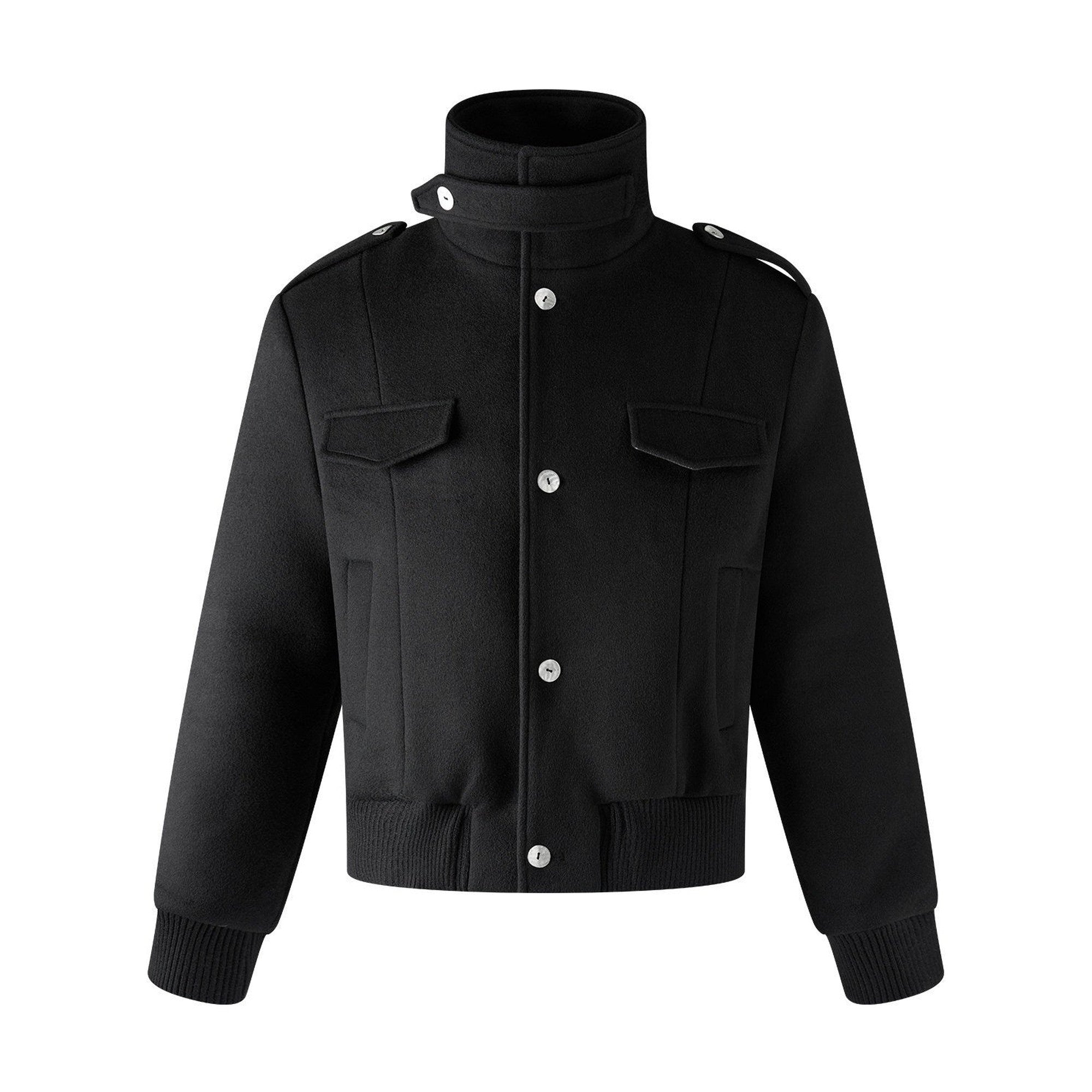 Embroidered 3D Detail Relaxed Fit Stand Collar Unisex Black Wool Jackets main image