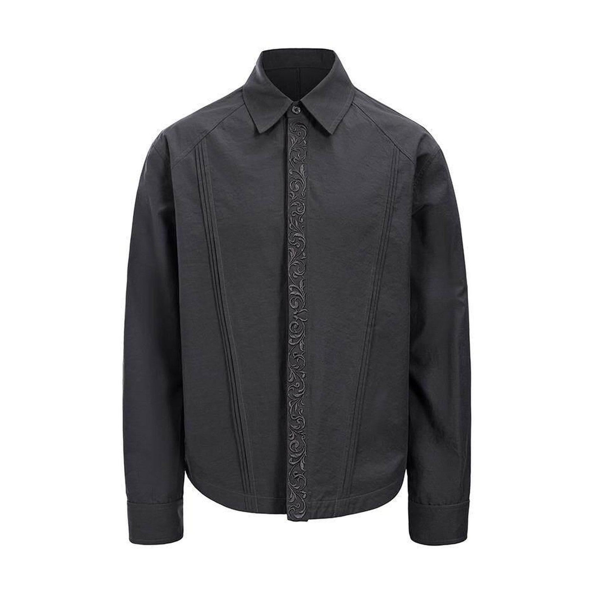 Embroidered Loose Fit Turn Down Collar Button Front Long Sleeve Unisex Blouses main image