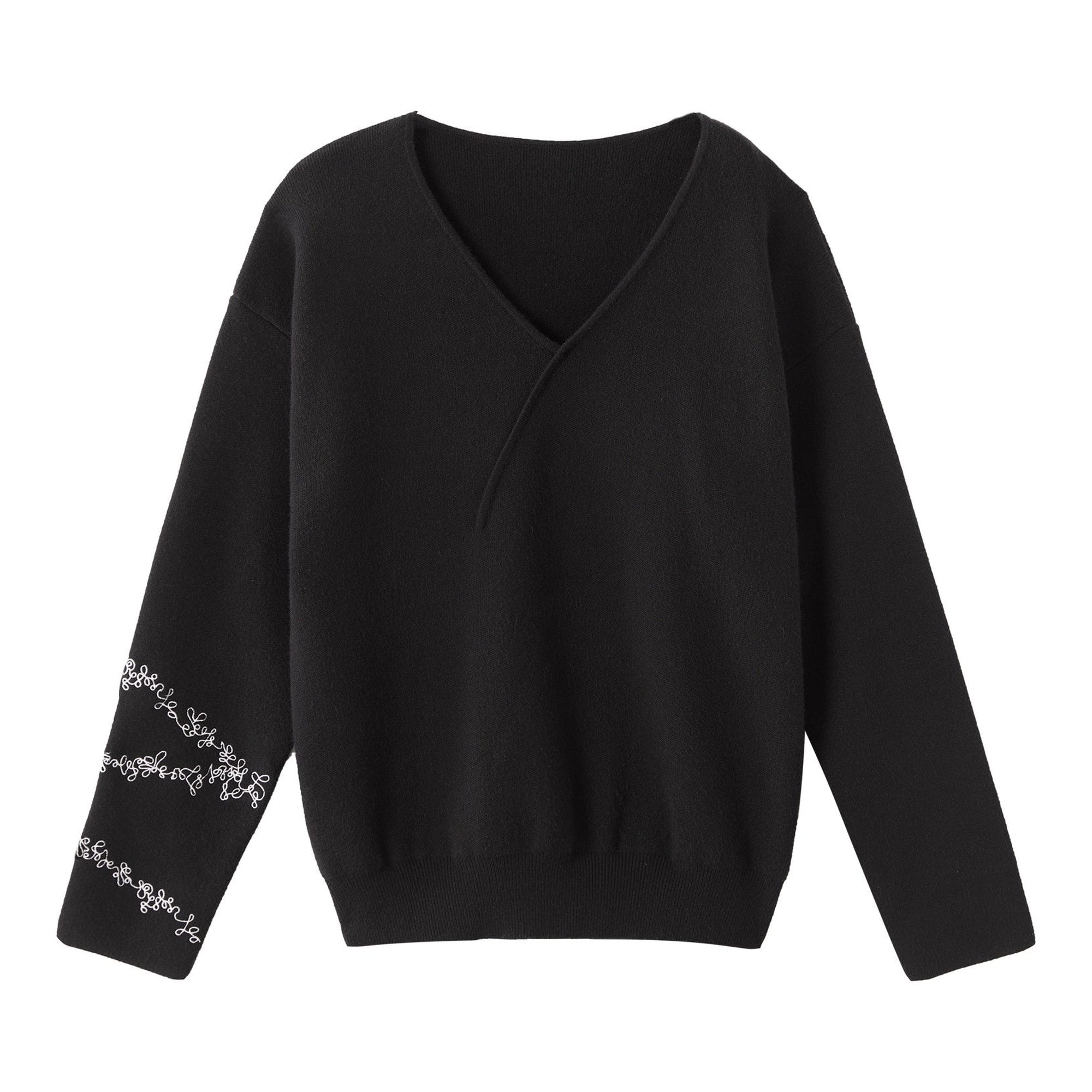 Embroidered Snowflake V-neck Loose Fit Casual Unisex Black Knitwear Sweaters main image